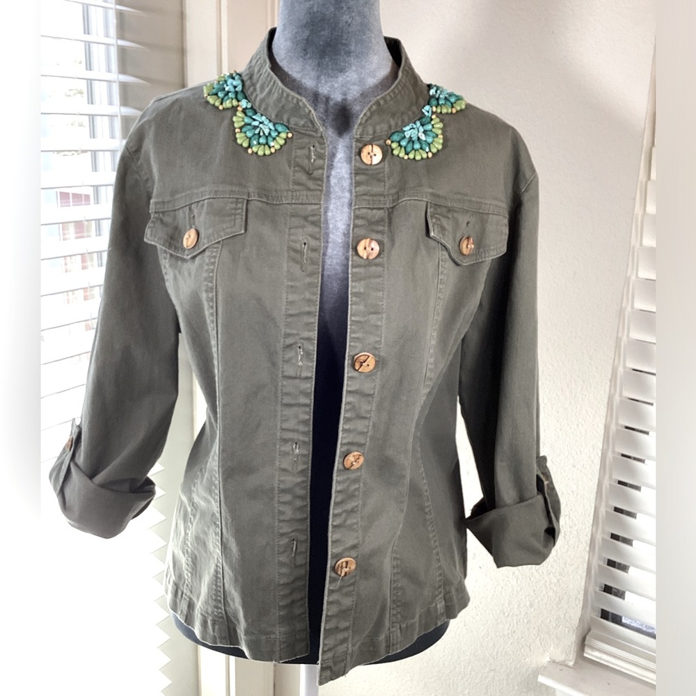 Ruby Rd Army Green Beaded Jacket Size 14 - image 2